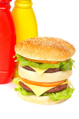 Double cheeseburger, reflected on white background