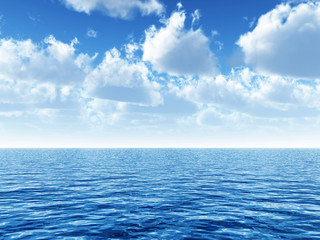 cloudy blue sky above a blue surface of the sea - obrazy, fototapety, plakaty