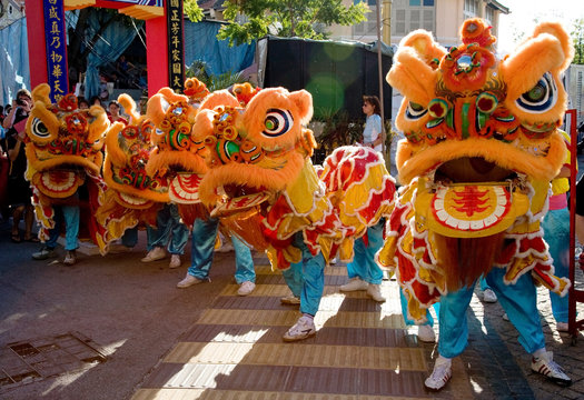 chinese lion dance troupe backlited