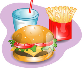 Illustration of a complete lunch with a cheeseburger