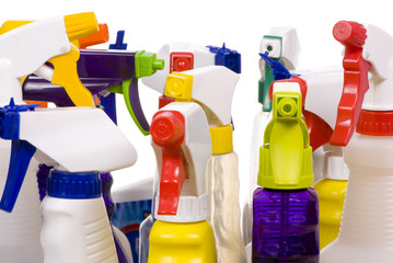 An assortment of different types of cleaning sprays.