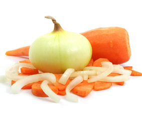 Carrot and onion vegetable cleared and sliced isolated over