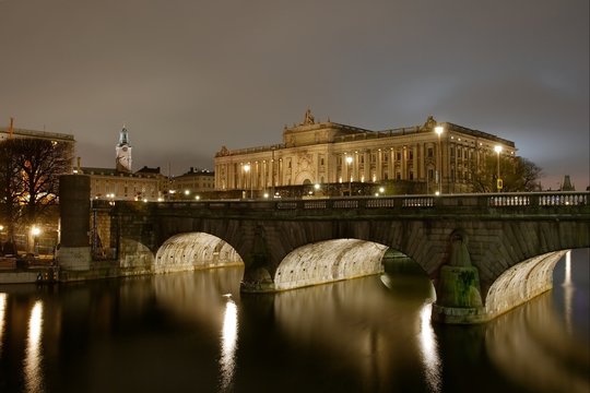 The Swedish Parliament by night in Stockholm
