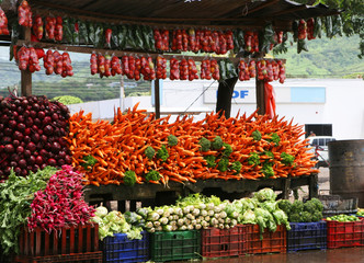An outdoor stand selling many color vegetables.