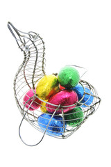 Easter Eggs in Duck-shaped Wire Basket on White Background