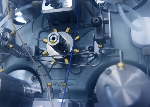 Close-up of an HPLC instrument pump 