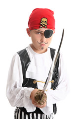 Boy pirate wearing patch & bandanna and holding a sword