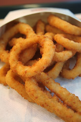 Close up shot of onion rings, the popular fast food snack.