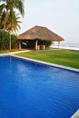 Luxury tropical pool overlooking ocean and cabana