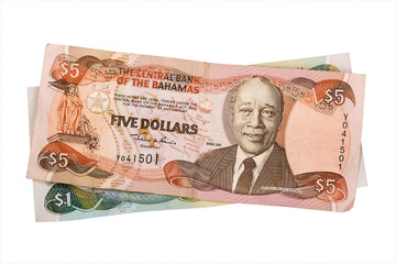Bahamas 5 and 1 dollar bill isolated on white