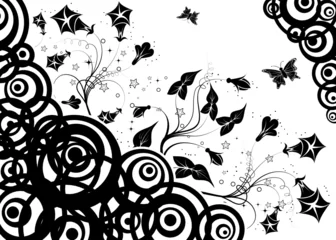 Cercles muraux Fleurs noir et blanc Fond de fleur avec papillon, élément de conception, vecteur