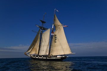 Sloop at sea under full sail on a calm day