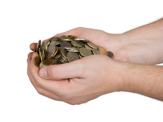 Hands and coins, isolated on white background