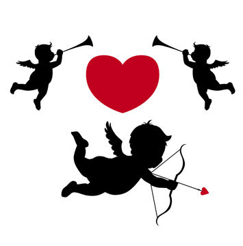 Silhouette cupid and musician angels