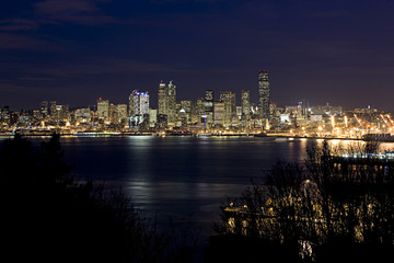 Fototapeta na wymiar Nighttime Seattle skyline from across the sound