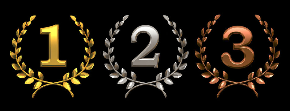 Set of gold, silver and bronze symbols on black background