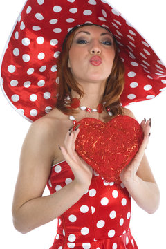 Portrait Redheaded With Spotted Dress On White Background