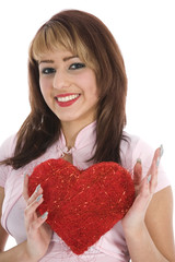 portrait redheaded with spotted dress on white background