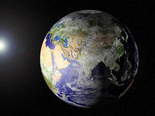 Globe of planet Earth, view on Asia. CG elevation, lights 