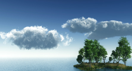 Birch trees on small lake island - 3d illustration