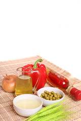 In the kitchen - red pepper, onion, olive oil...