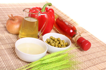 In the kitchen - red pepper, onion, olive oil...