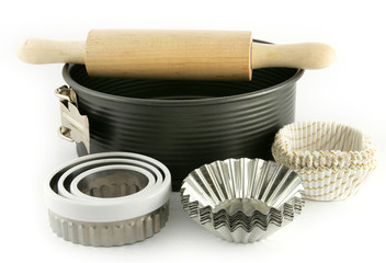 baking tin, and other equipment on white background