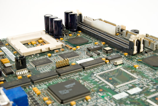 Computer motherboard is photographed close up
