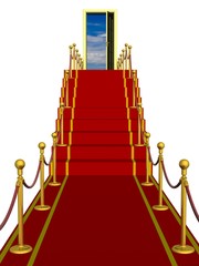 Red carpet path on a ladder with an open door against clouds