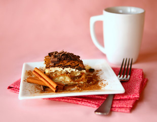 Tiramisu Dessert With Fork and Coffee Focus is on Ridge 