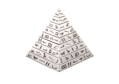 Silver pyramid with hieroglyphs on a white background