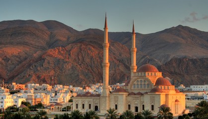 Mosque with two minarets in muscat, Oman - obrazy, fototapety, plakaty