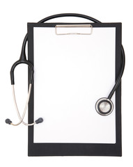 blank clipboard with modern stethoscope, space for messages