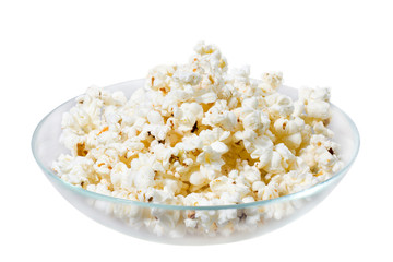 Popcorn close-up in a glass plate