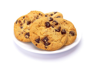 Chocolate chip cookies on a white plate isolated on white