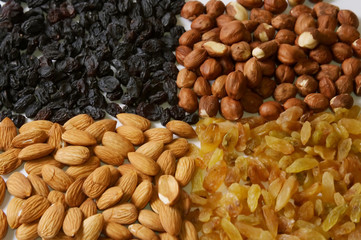 hazel-nut and almond, white and black raisin
