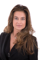 Obraz premium Beautiful mature brunette smiling on white background