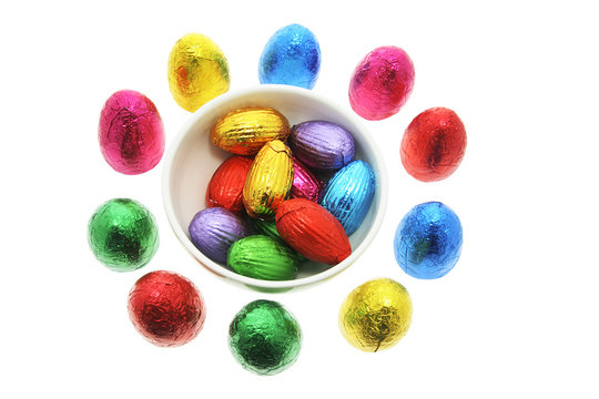 Easter Eggs in Bowl on White Background