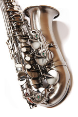 Silver saxophone isolated over white. Musical Instrument.