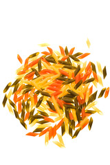 assorted colours pasta over white background, colored macaroni