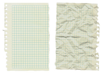 two sheets of old notebook paper isolated on white