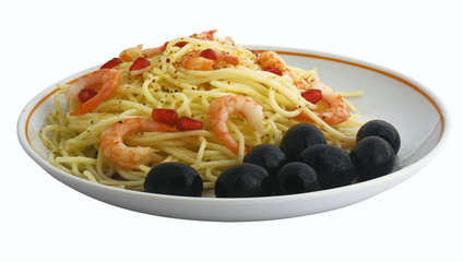 spaghetti and shrimp and olives