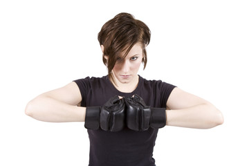 Brunette Woman Kick Boxer Serious Stance