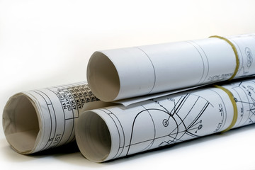 Roll of Engineering drawings in a white background