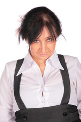 Woman in overalls kidding