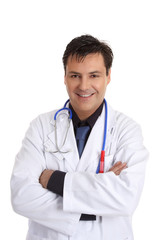 Friendly smiling doctor stands casually with arms crossed