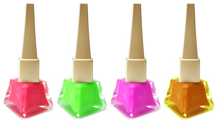 red, green, pink and orange nail polish on white background