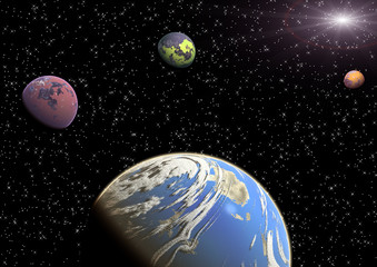 Planet in a space. Light of a star