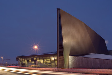 A winter night shot of the Canadian War Museum in Ottawa.