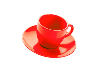 Red porcelain tea cup on white
